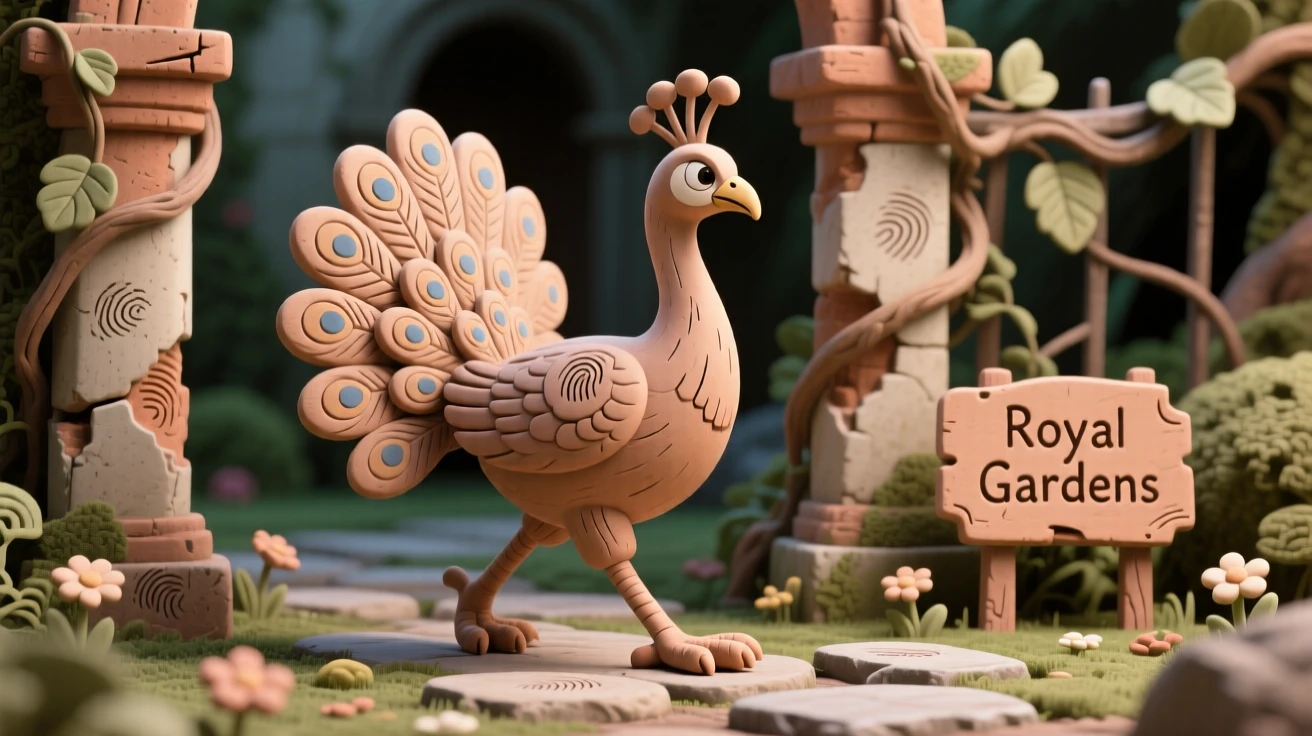 A wild peacock strutting through an overgrown palace garden