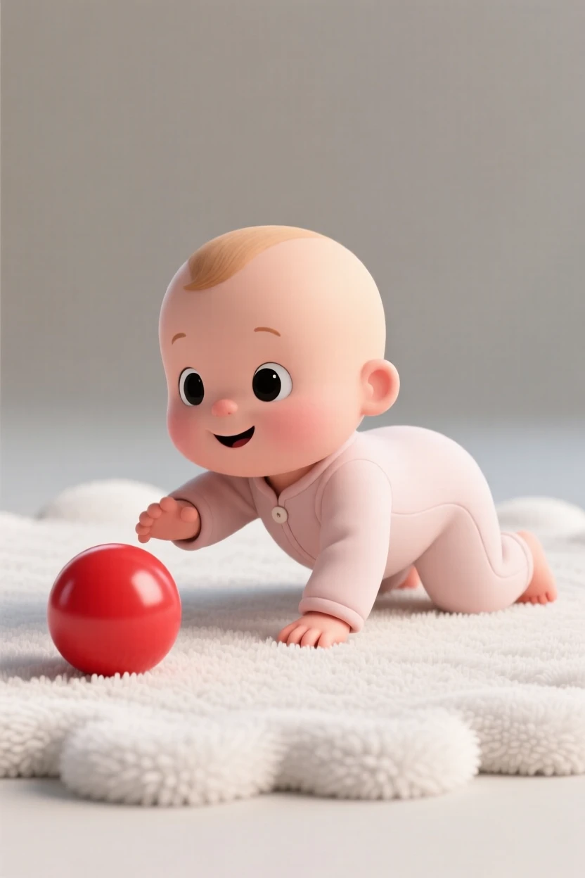 A baby in footie pajamas crawls determinedly across a fluffy rug toward a bright red toy ball.