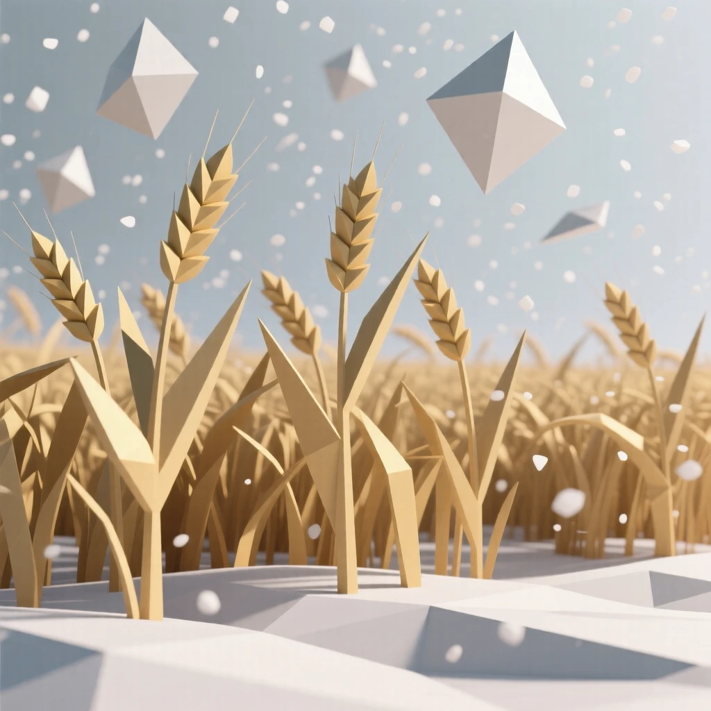 A golden wheat field swaying in the wind, beneath a blanket of soft snowfall. layers of color create a striking sense of depth. It evokes a feeling of pure tranquility.