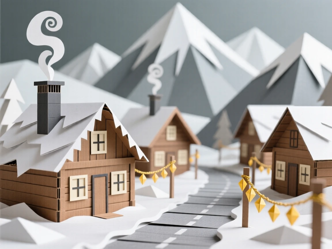 A snow-covered alpine village with wooden chalets and smoking chimneys nestled beneath towering mountain peaks, string lights glowing along the main street, evoking cozy winter charm.