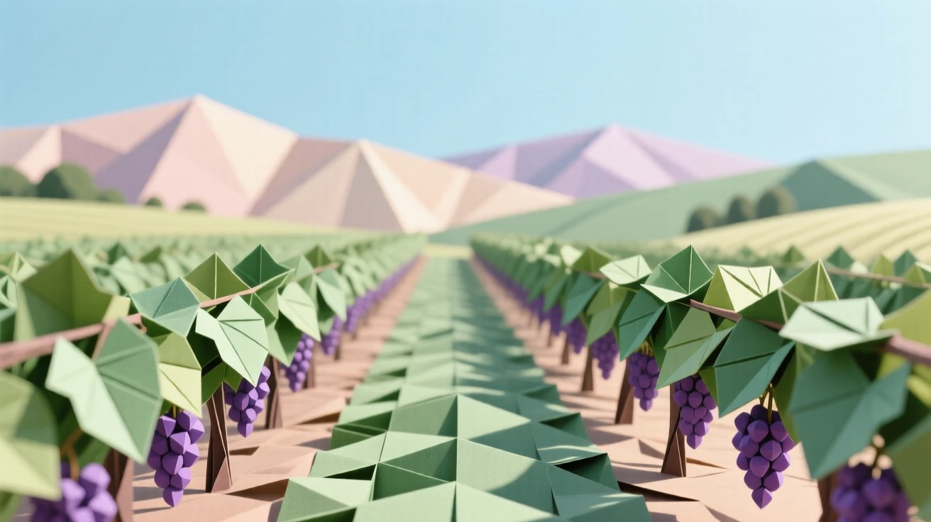 A quiet countryside vineyard with neat rows of grapevines stretching toward distant hills.