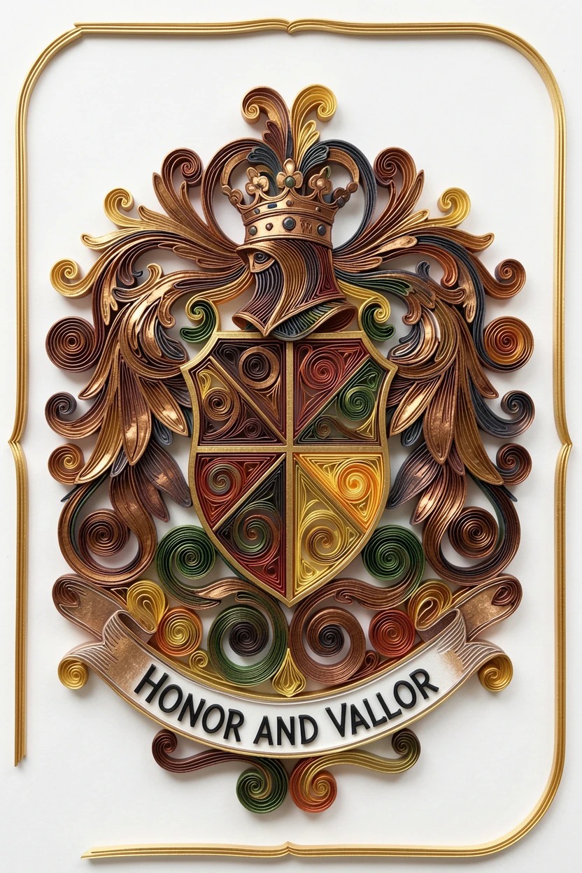 An elegant design featuring a decorative coat of arms with heraldic symbols, with perfect radial symmetry from the center outward, highlighted with metallic bronze accents, framed by a thin gold border.