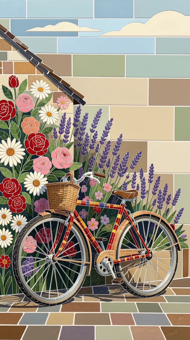 A bicycle leaning against a flower-covered cottage wall.