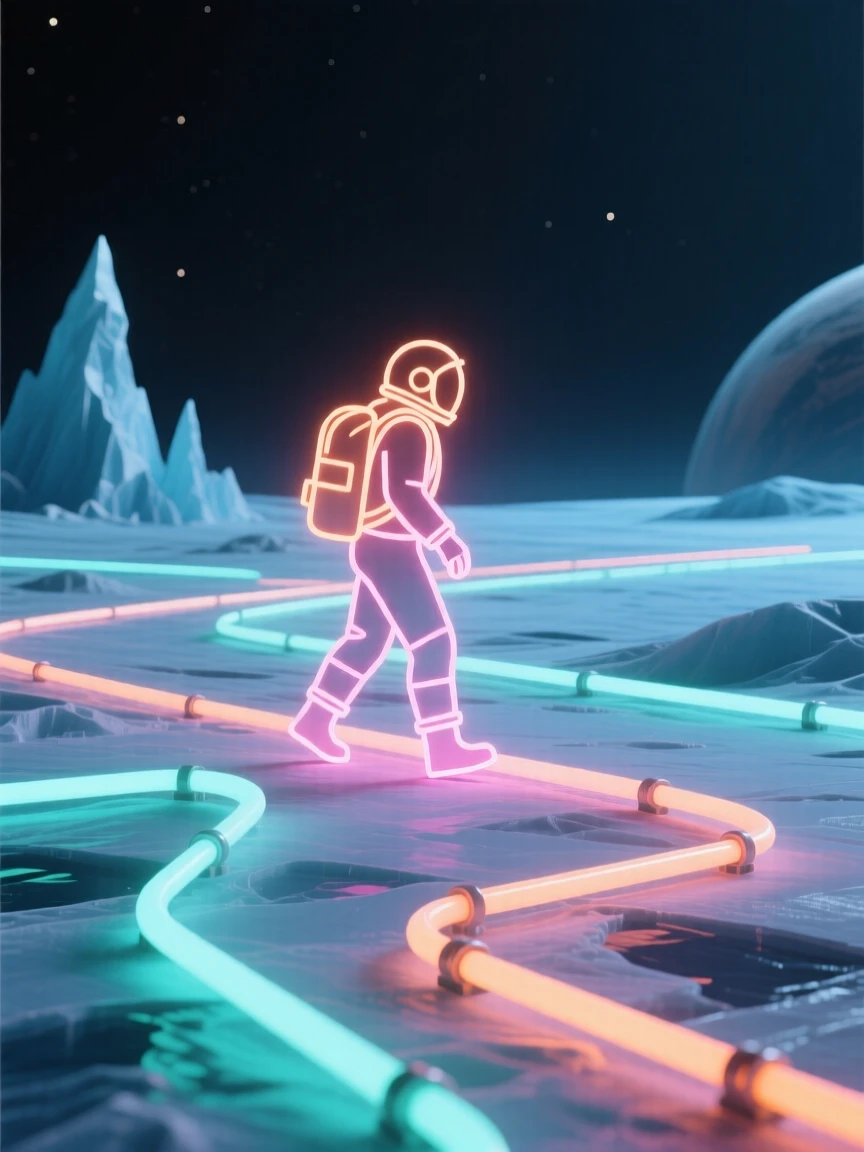A wide establishing shot of a lone explorer walking across the surface of an icy exoplanet.
