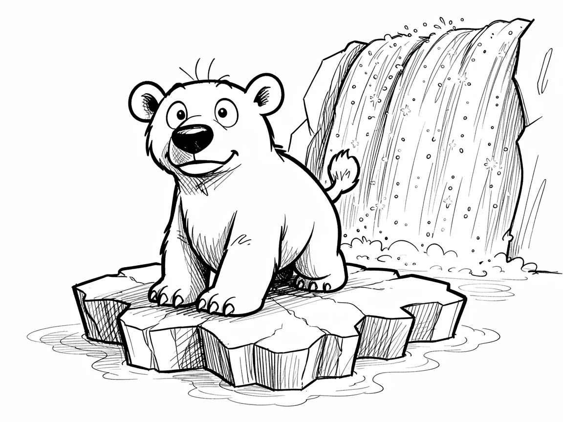 A polar bear on an ice floe near a sparkling waterfall.