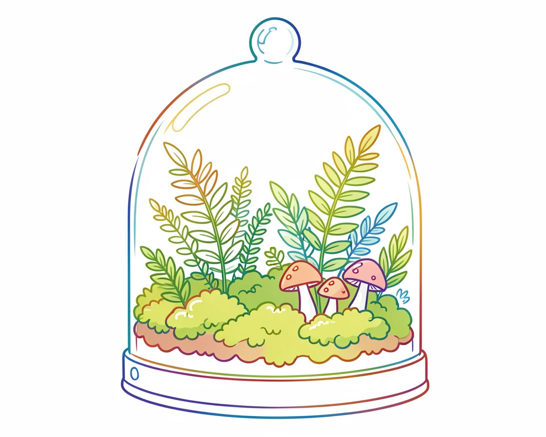 A terrarium filled with moss, ferns, and tiny mushrooms under glass.