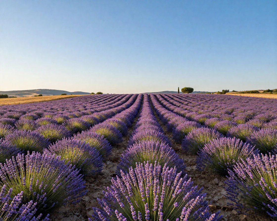 A field of lavender stretching to the horizon in Provence
