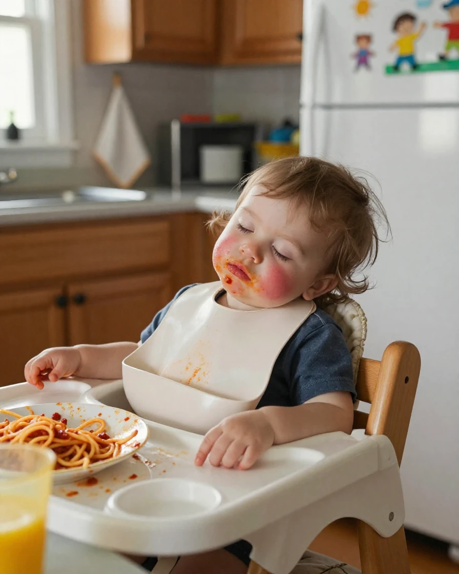 A toddler falls asleep in a high chair with spaghetti sauce still on her cheeks.