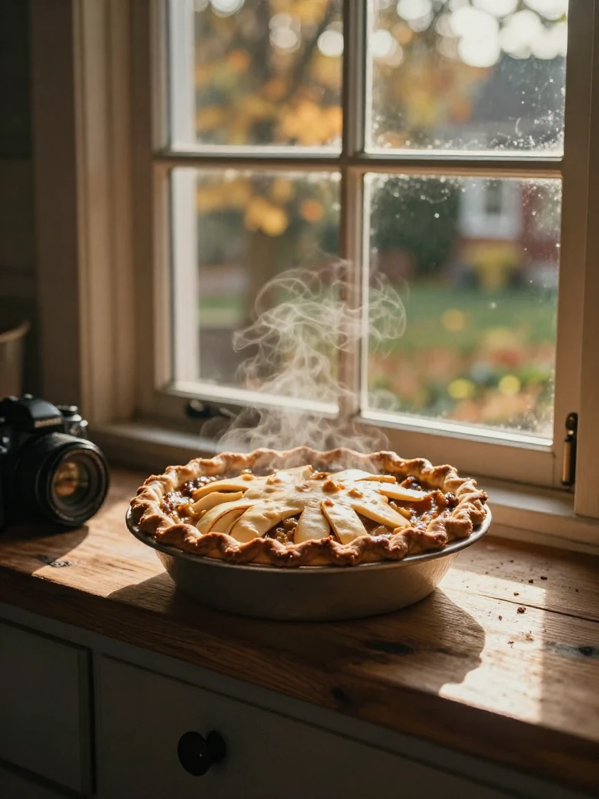 A freshly baked apple pie cooling on a windowsill with steam rising