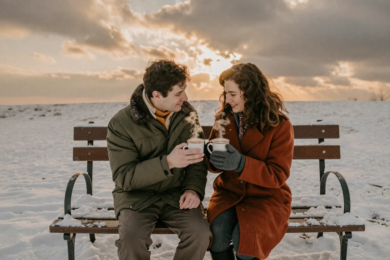 A couple sharing hot cocoa on a snowy park bench, under soft golden-hour light, under scattered clouds, in the depths of winter, with muted olive and rust colors, shot from directly overhead.
