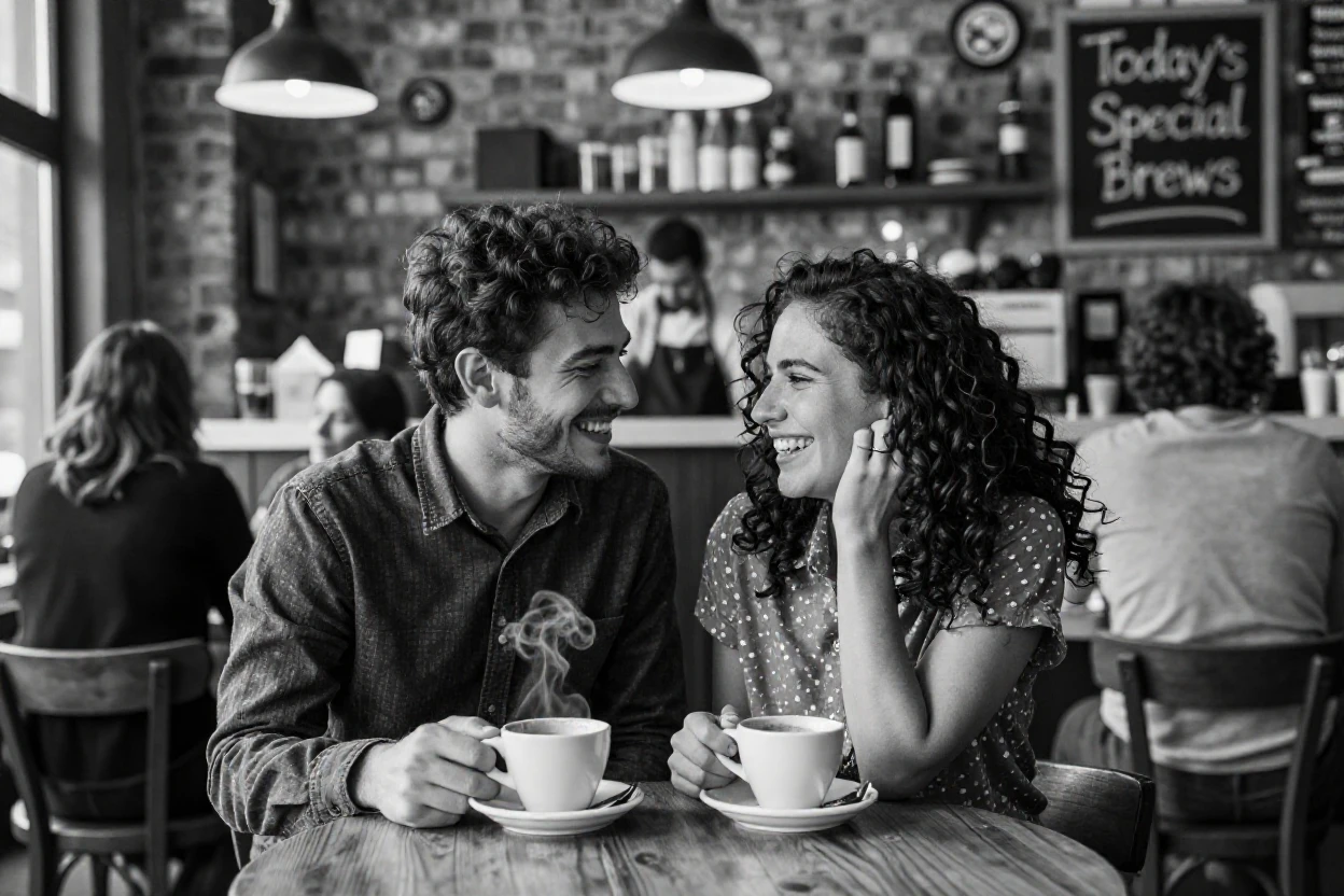 A couple on their first date share a nervous laugh over coffee in a bustling coffee shop.