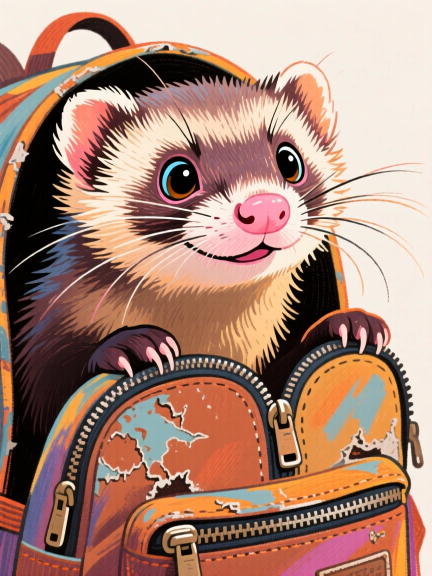 A curious ferret peeking out of a backpack, whiskers twitching with mischief.
