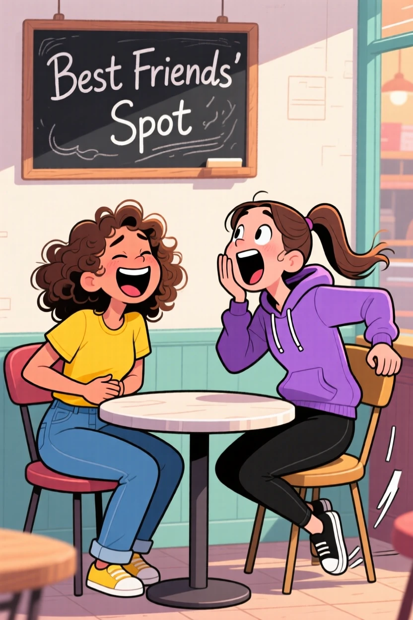 A funny expressive moment showing two best friends bursting into laughter over a shared inside joke, one nearly falling off her chair.