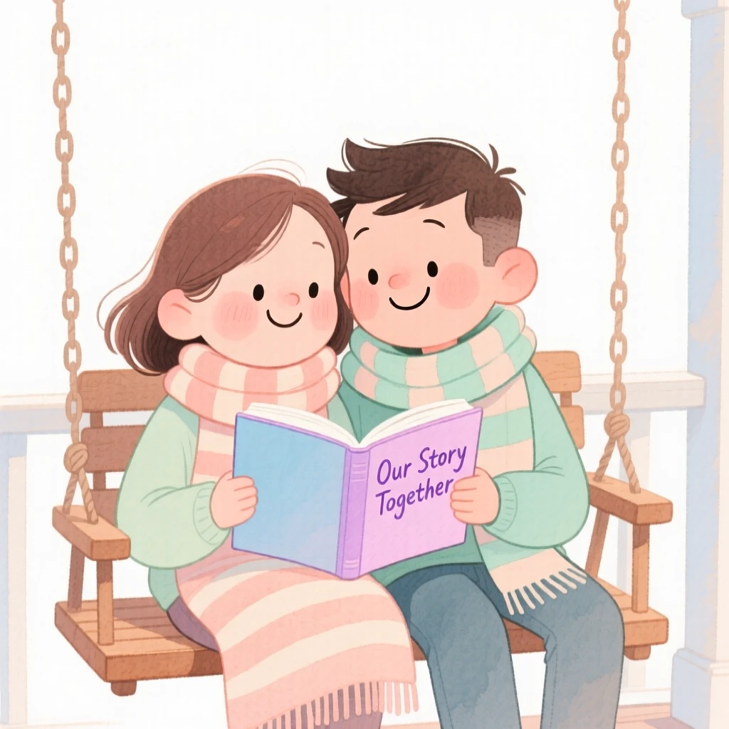 A couple wrapped in matching scarves reading the same book together on a porch swing
