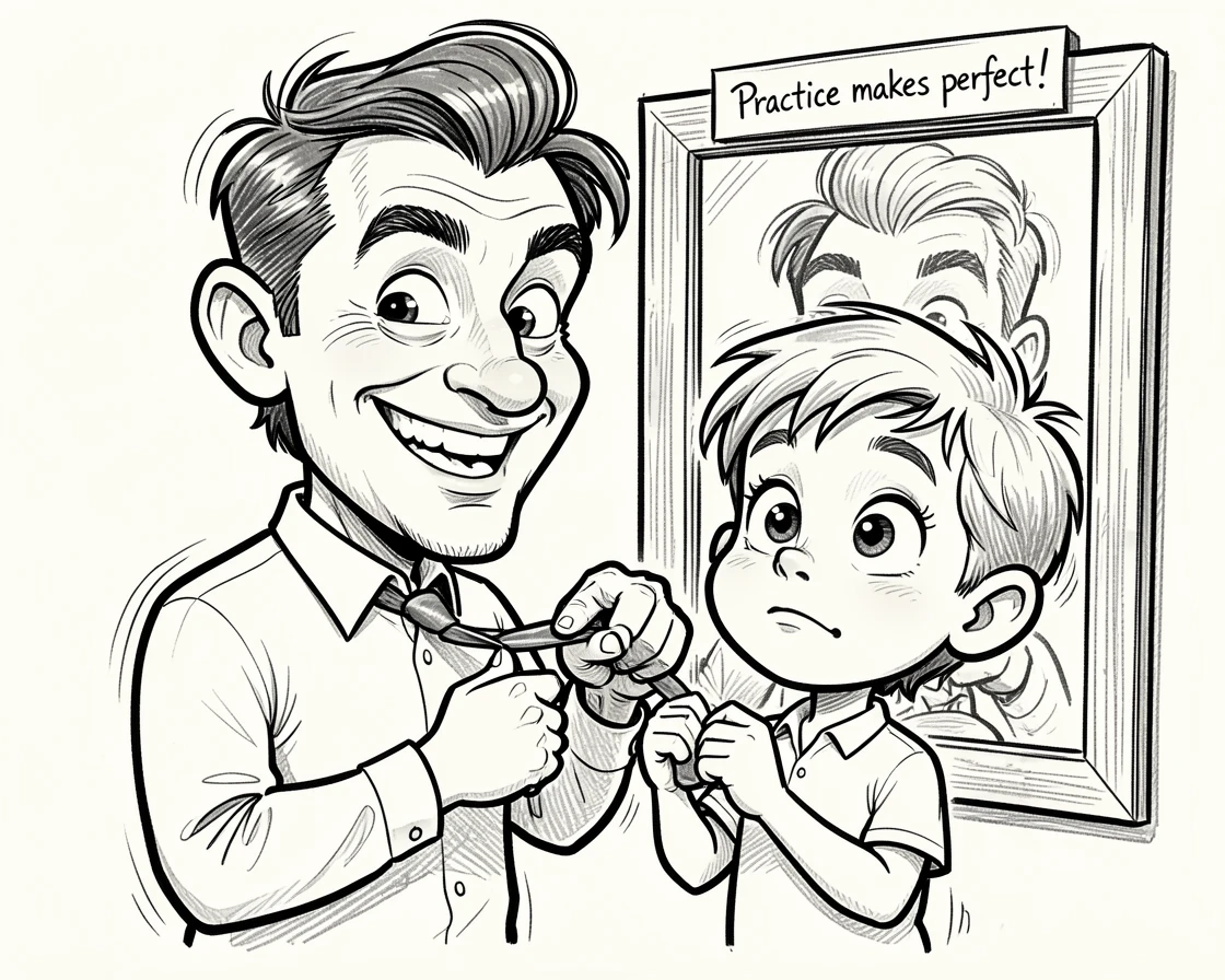 [Family & Relationship Moments] Heartwarming scene of a father teaching his son to tie a necktie in front of a mirror, radiating love and warmth