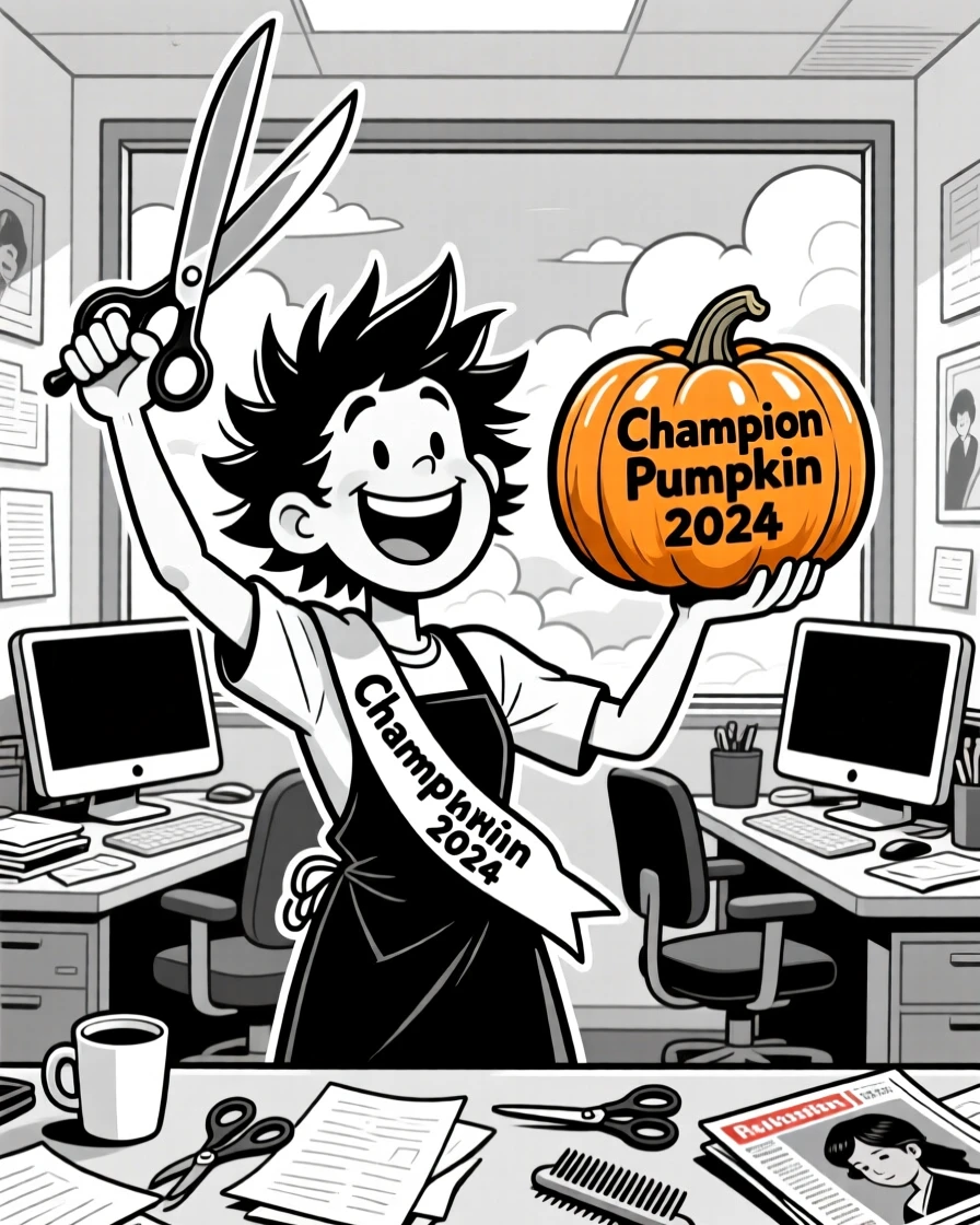 A stylish hairdresser wielding scissors like a sword, proudly holding up an oversized prize pumpkin, set in a cluttered office with dual monitors. Clouds drift lazily past the window. It feels like a warm nod to the people who keep the world running.