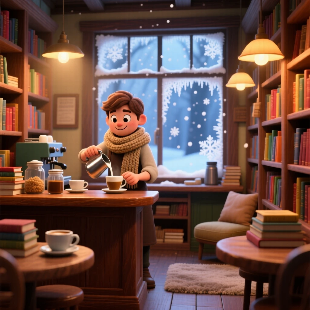 A barista steaming milk behind a counter sits in a small bookshop filled with warm lamplight, wrapping a scarf snugly around their neck. A feeling of safety and slow relaxation lingers here, with frost patterns tracing the windowpane.