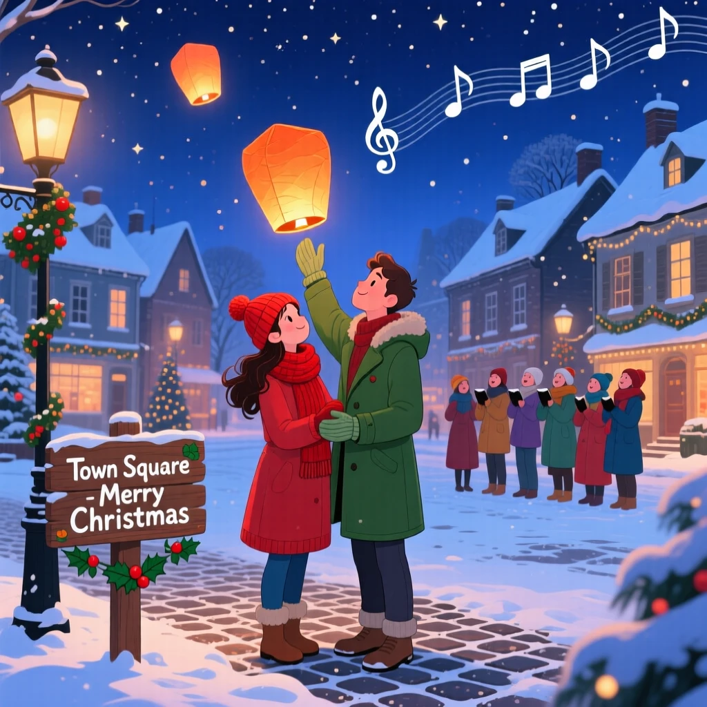 A young couple gather in a snow-covered town square, sending paper lanterns floating into the night sky, while soft carols play in the background.