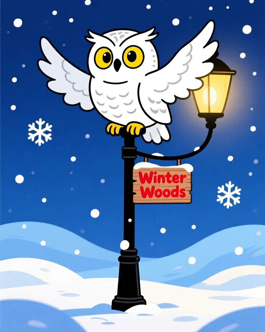 A snowy owl perched on a lamppost during a winter evening.