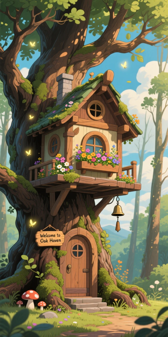 A charming view of a treehouse built among the sprawling branches of an ancient oak, framed by tall trees and drifting clouds.
