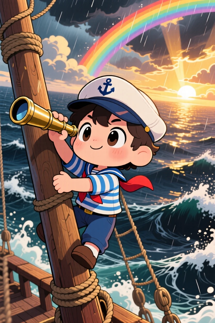 In a stormy open sea, a young sailor is climbing the mast to spot land through a telescope under a rainbow after the rain, bathed in rays of sunrise breaking through clouds, expression full of proud determination. Shot as a dynamic diagonal composition.