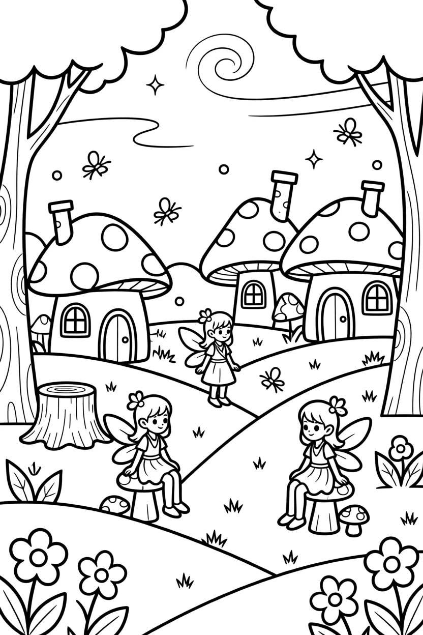 A pixie village lit up with fireflies at twilight
