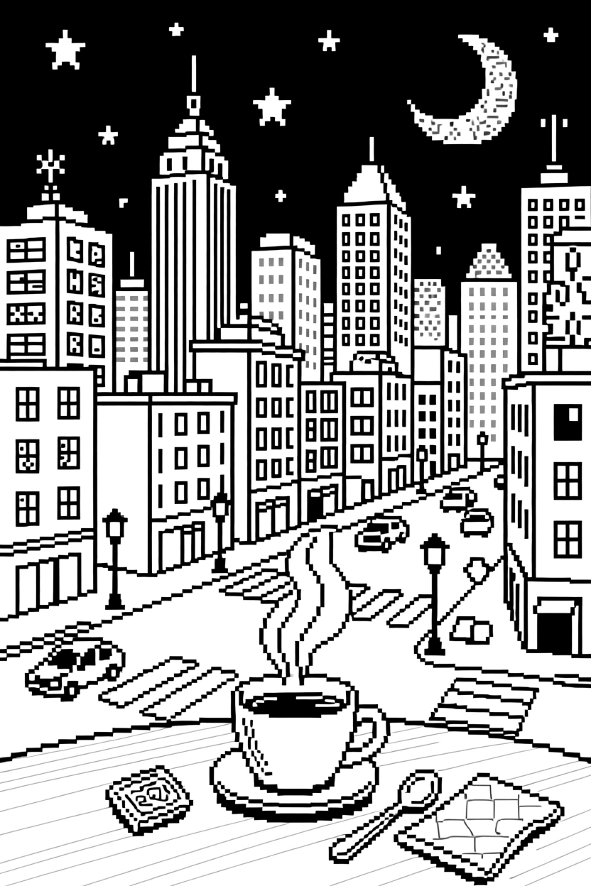 A pixel-inspired cityscape glowing at night, with a cup of coffee steaming nearby.