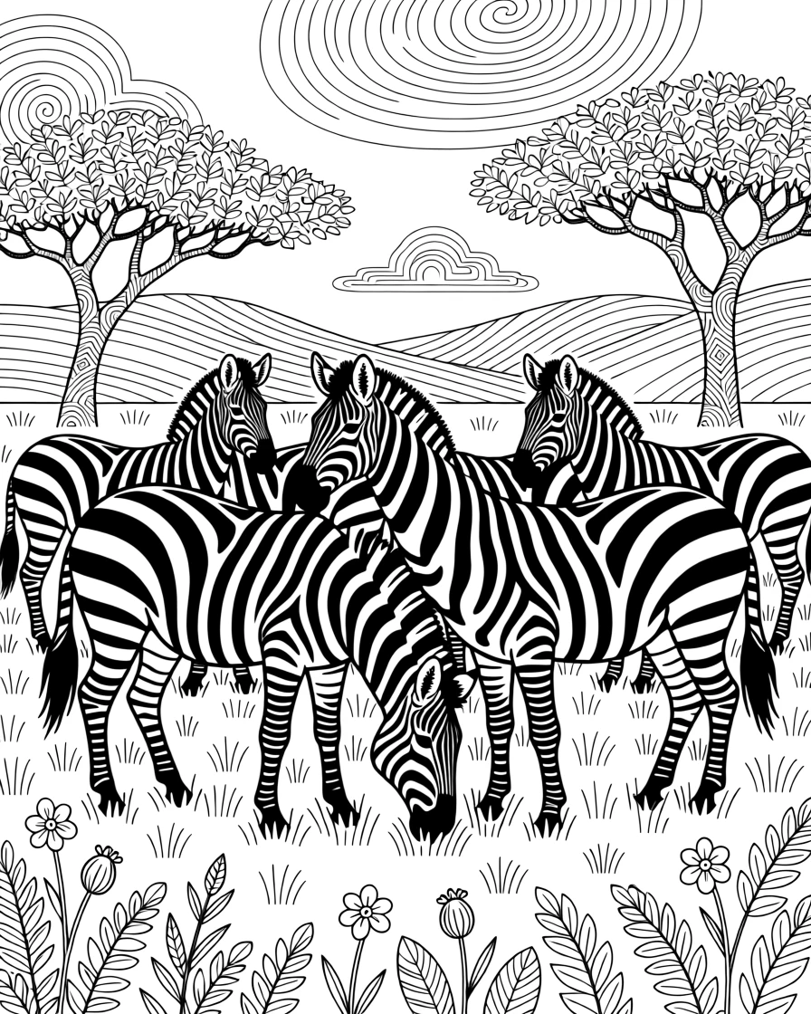 A herd of zebras grazing with their stripes overlapping.