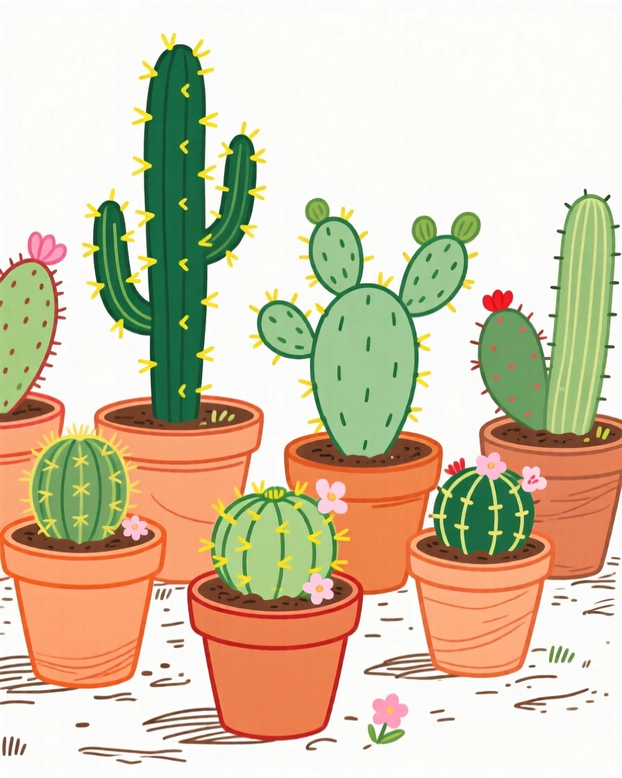 A cactus garden in terracotta pots.
