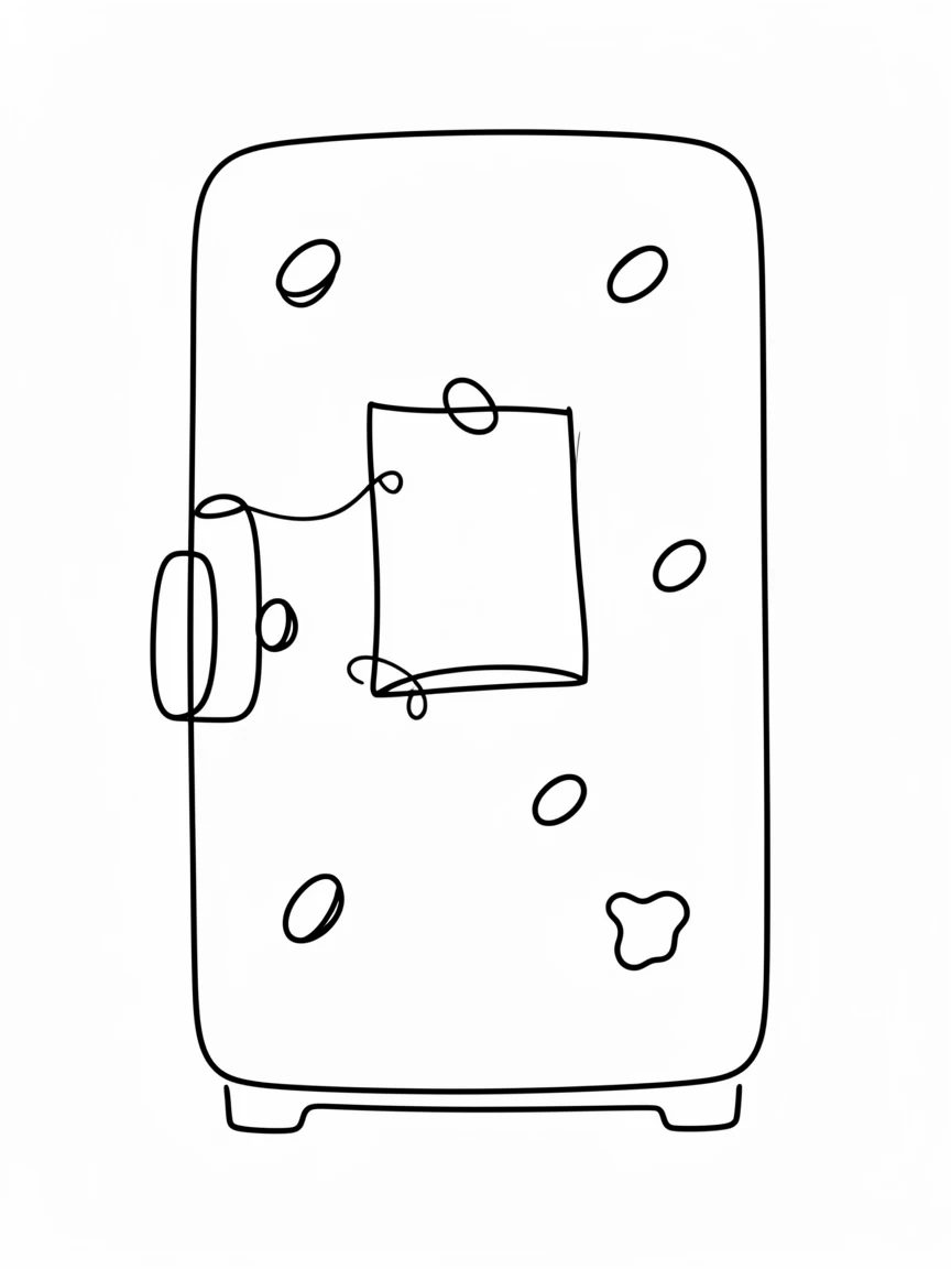 A child's drawing taped to a refrigerator covered in magnets