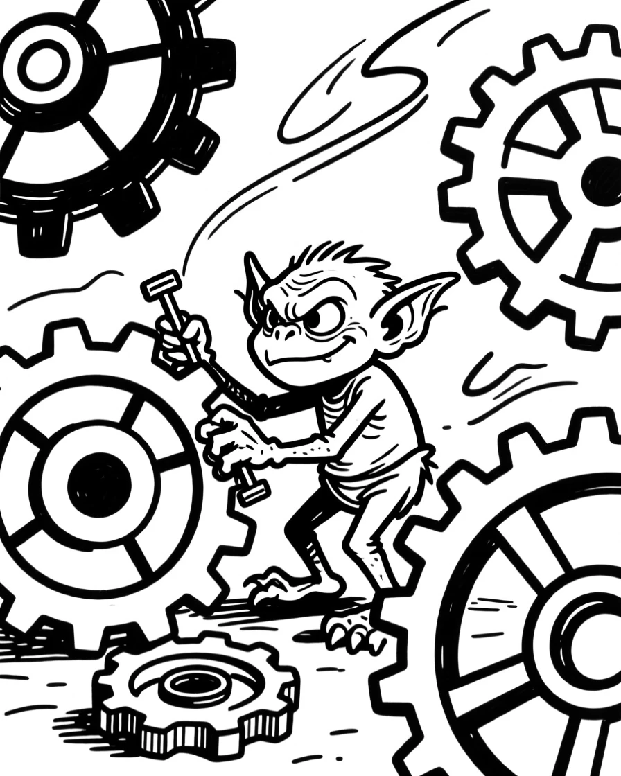 A tiny gremlin character tinkering with gears far bigger than itself.