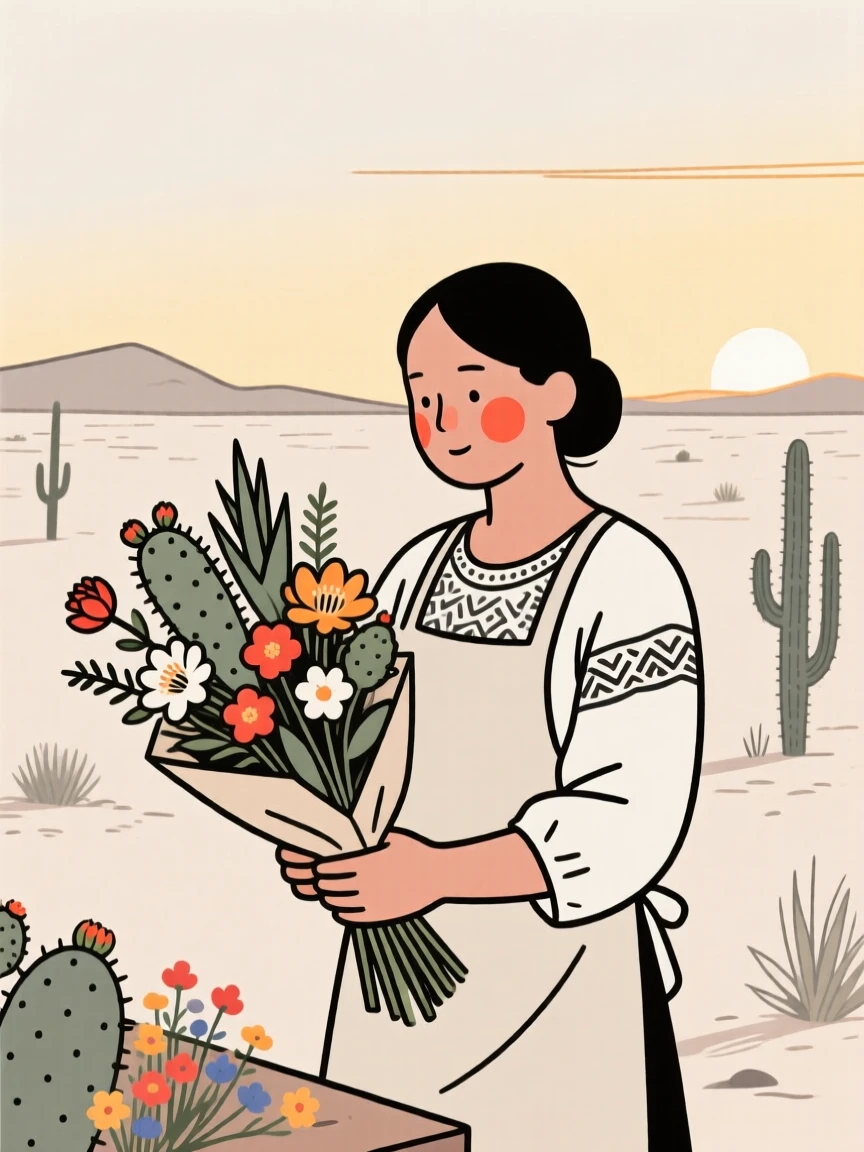 A florist of mexican heritage arranging a bouquet, resting in calm stillness, in a desert at golden hour.