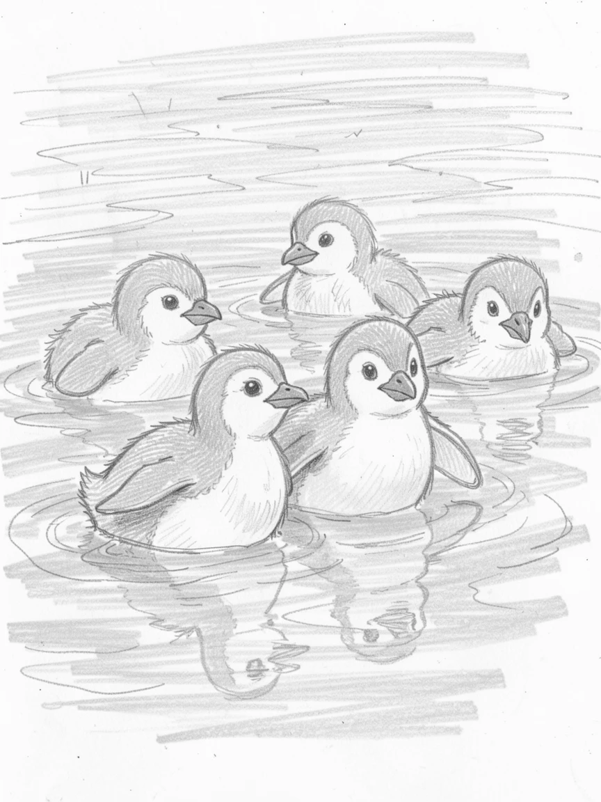 An adorable close-up of a group of penguin chicks paddling through calm turquoise water, with its reflection shimmering in a pond.