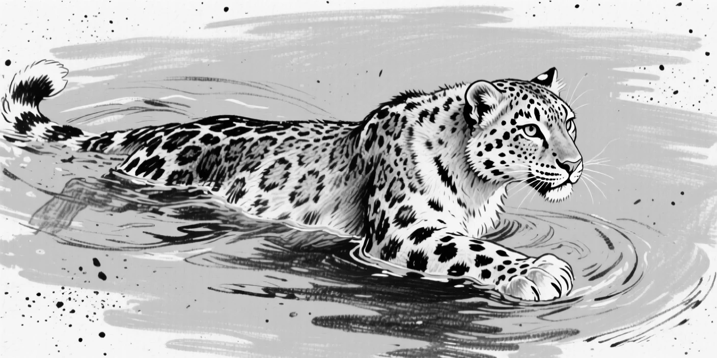 A snow leopard swimming through calm turquoise waters.