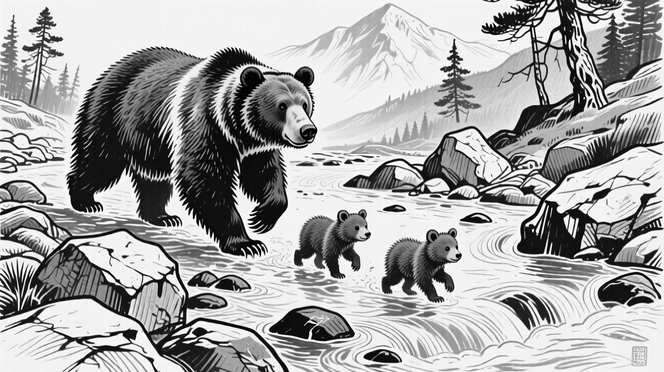 A mother bear guiding her cubs across a rocky mountain stream.