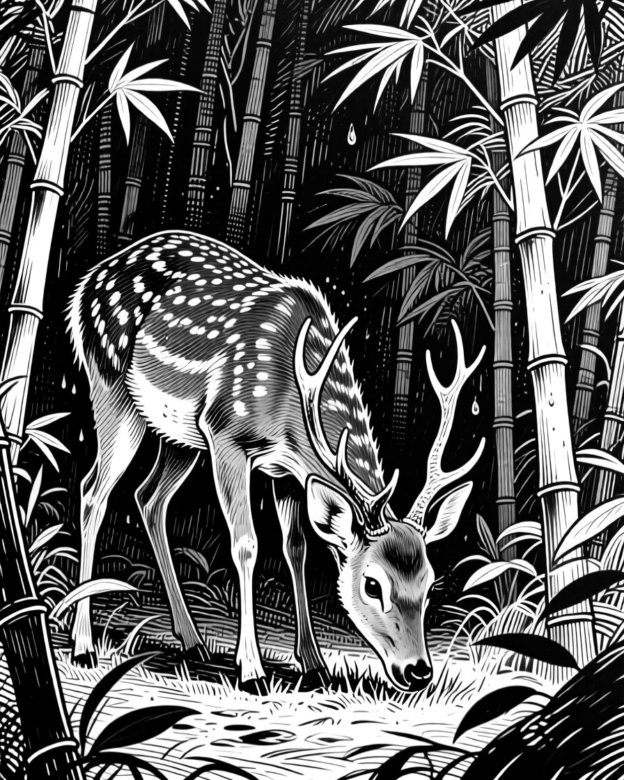 A grazing deer within a dense bamboo grove, with droplets of water clinging to its coat, capturing a mysterious and alert moment in nature with a strong, centered focal point.