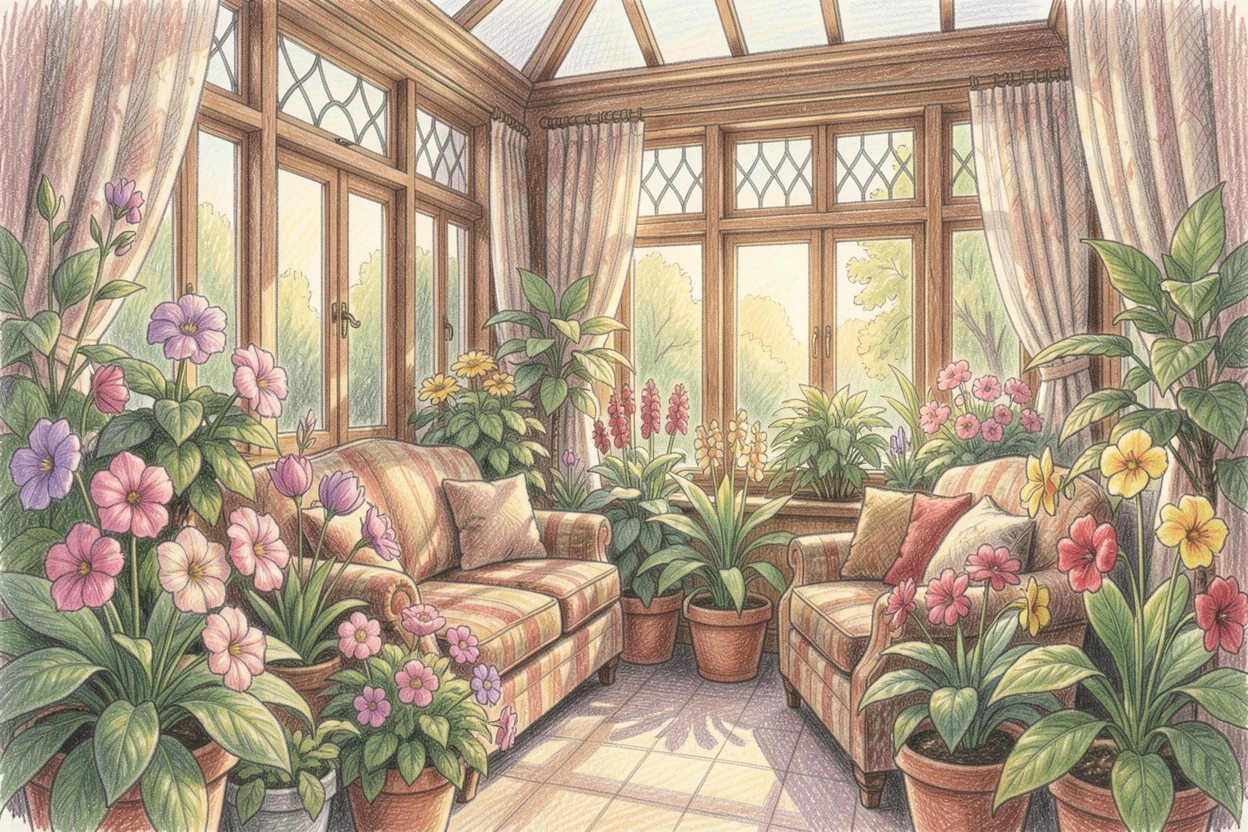 A sunlit conservatory filled with blooming potted plants, with delicate details in the woodwork and fabric textures, radiating warmth, comfort, and quiet domestic happiness.