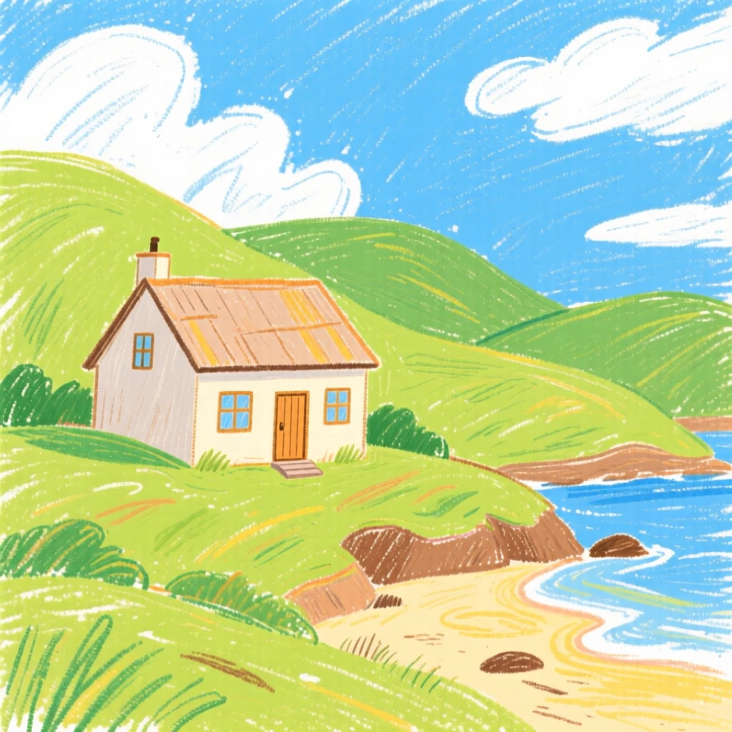 A coastal villa nestled among rolling green hills.