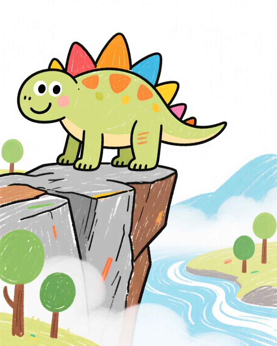 A young stegosaurus with plated armor on a rocky cliff overlooking a misty valley.