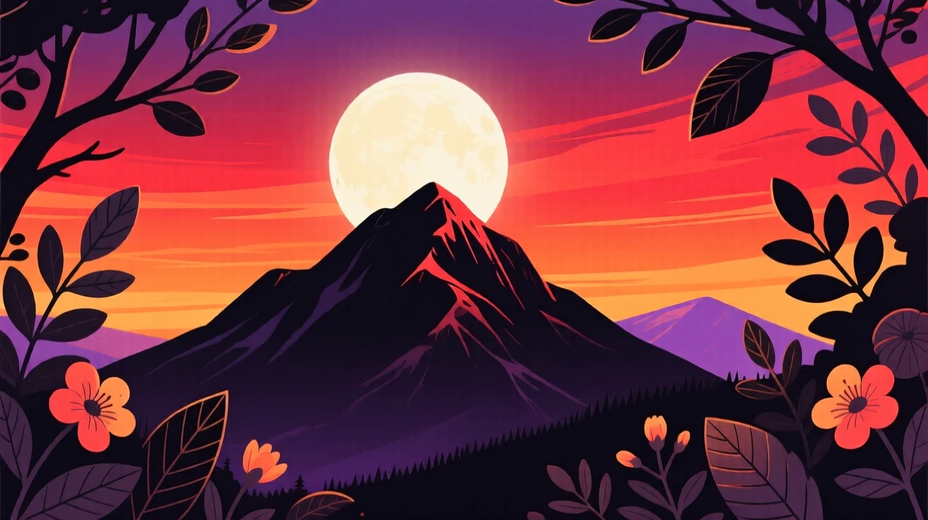 A mountain ridge silhouetted against a fiery sunset, under the soft glow of a rising moon, composed with soft natural framing from surrounding foliage, with delicate textures visible in every leaf and petal.