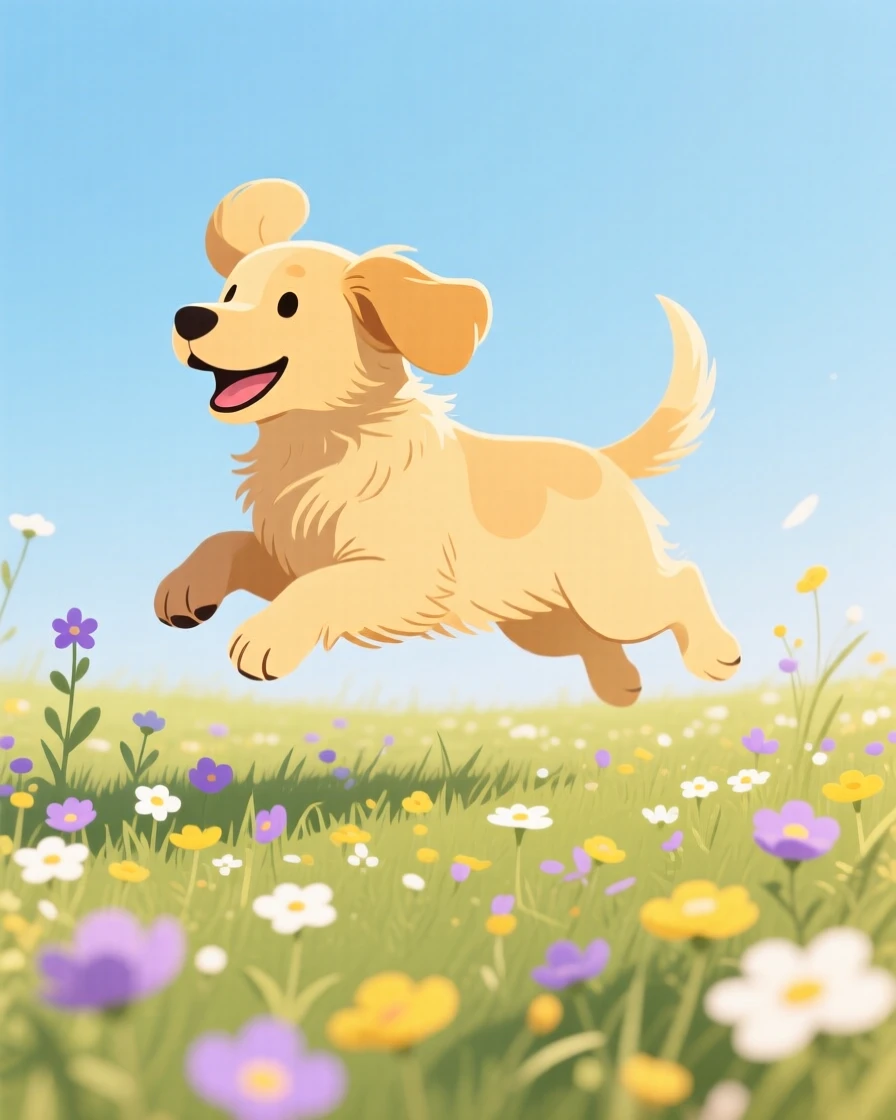 A playful golden retriever puppy hopping through wildflowers in a sunny meadow.