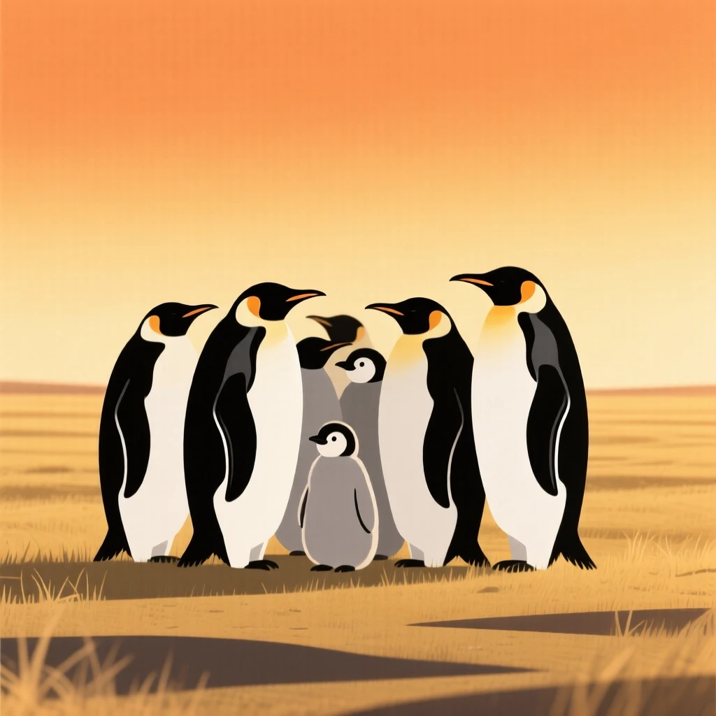 A penguin colony and its young pausing to look around together in a savanna at golden hour, expressing calm contentment.