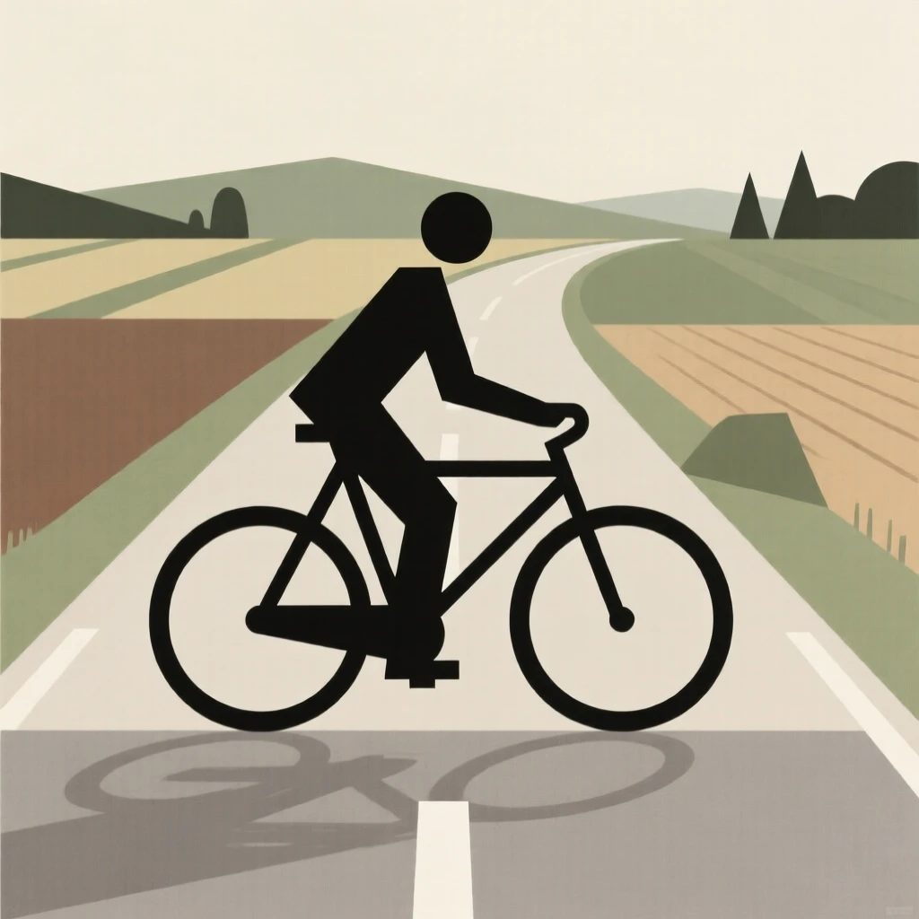 A person cycling through a quiet countryside road