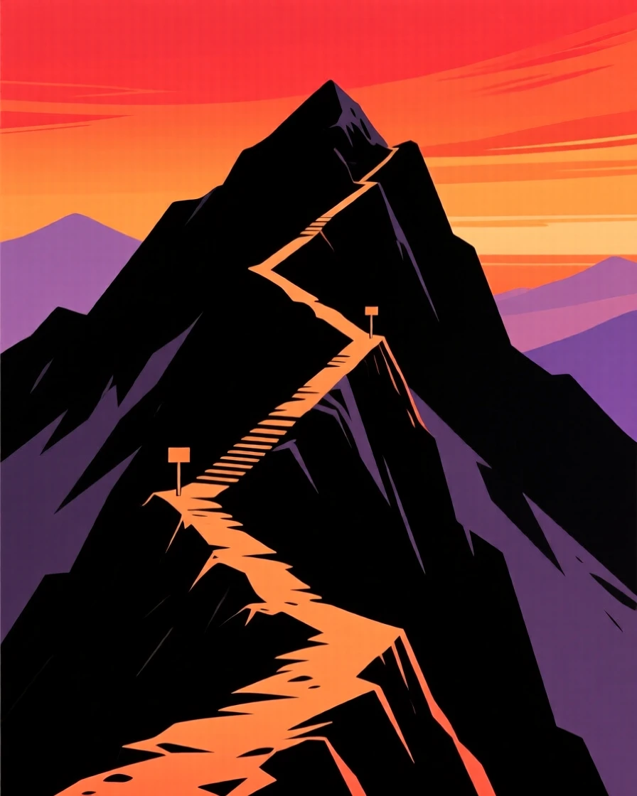 A steep mountain trail switchbacking up toward a distant summit.