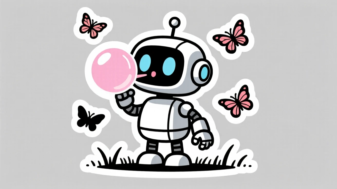 A wonder-struck little robot with round eyes blowing a big bubblegum bubble, in a meadow with butterflies fluttering around.
