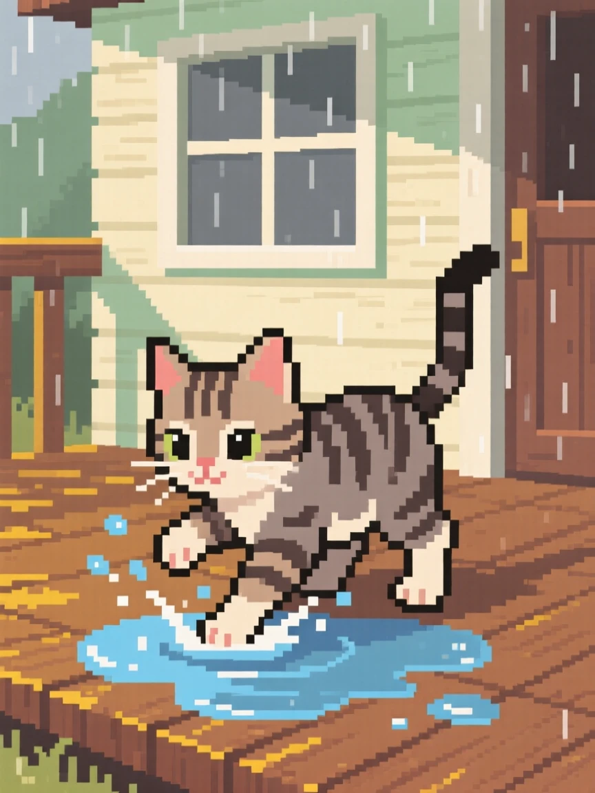 A tabby kitten splashing in a puddle after the rain, on the porch of a tiny cottage.