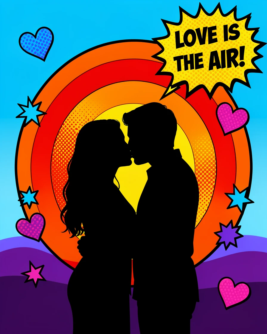 A couple sharing a kiss silhouetted against a sunset