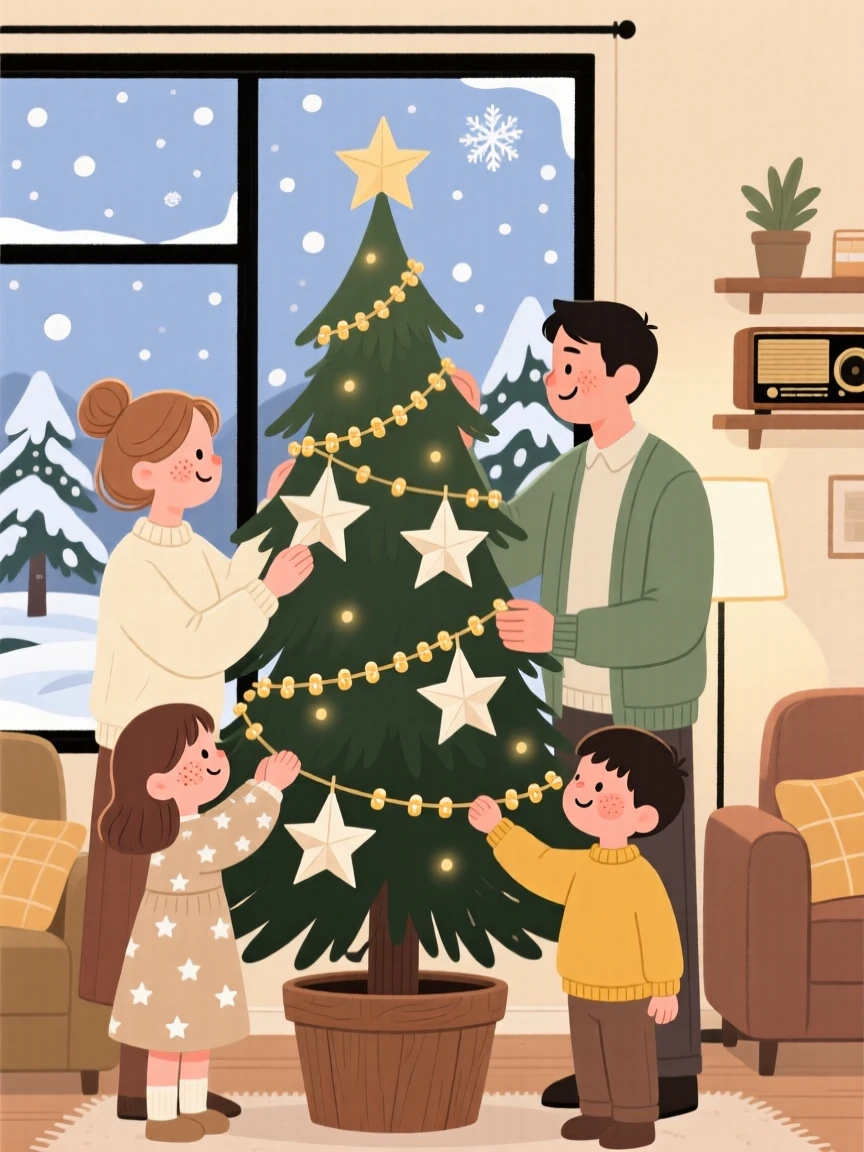 A family decorates a tall pine tree with strings of popcorn and paper stars while carols plays softly and the first snow of winter falls outside the window.