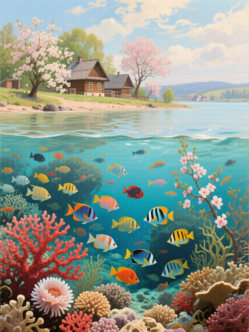 A grand panoramic scene of a school of colorful fish weaving through a coral reef, in a Ukrainian village, as spring blossoms open, beneath drifting clouds.