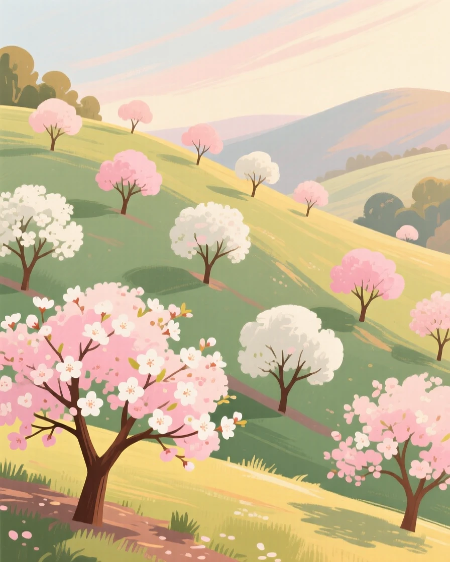 A hillside orchard in full pink and white spring blossom